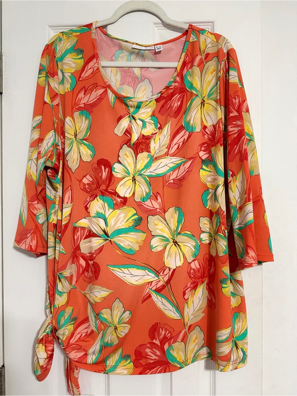 Susan Graver Floral Scoop Neck Tunic Top asymmetrical tie side size 2X tropical - Picture 3 of 10